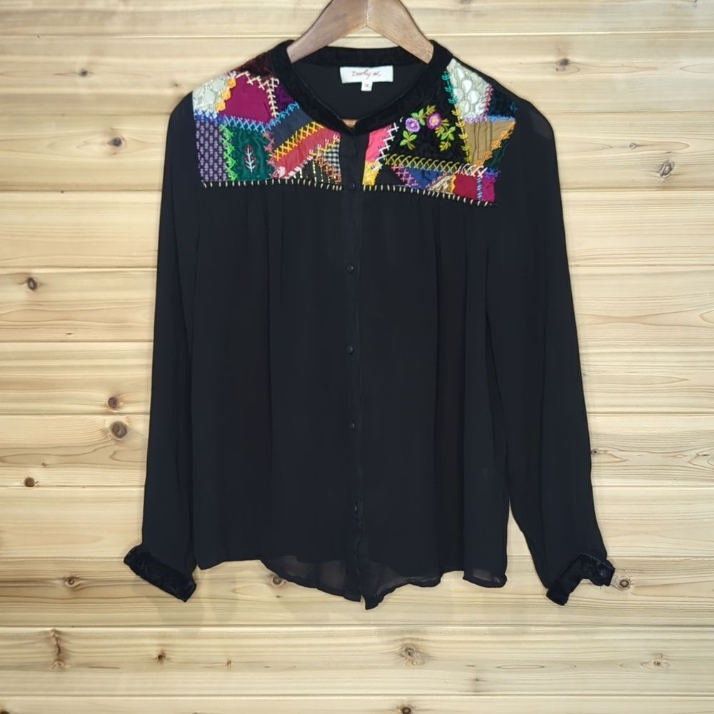 Derhy Top Womens Medium Black Embroidered‎ Boho Long Sleeve Blouse